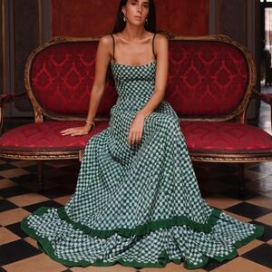 Paper Moon Green/White Checkmate Checkered Maxi Pleated Dress